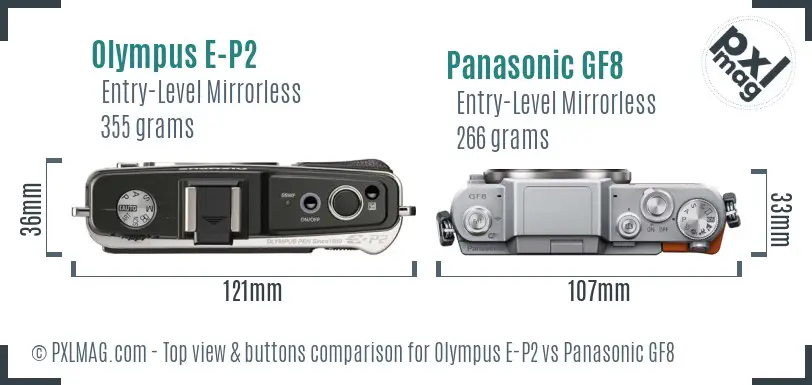 Olympus E-P2 vs Panasonic GF8 top view buttons comparison