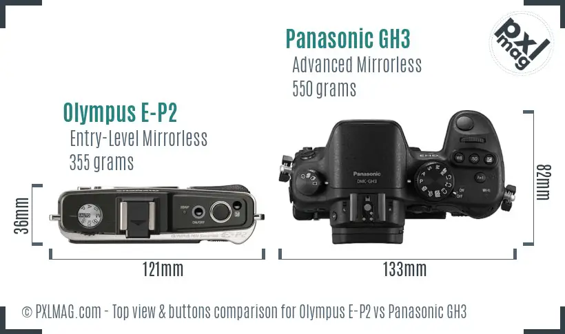 Olympus E-P2 vs Panasonic GH3 top view buttons comparison
