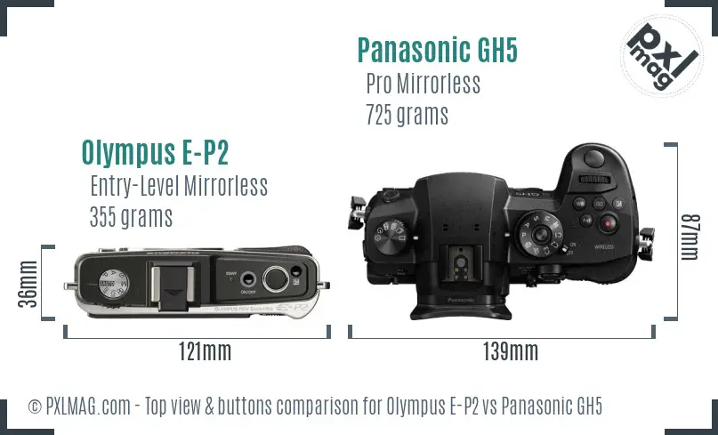 Olympus E-P2 vs Panasonic GH5 top view buttons comparison