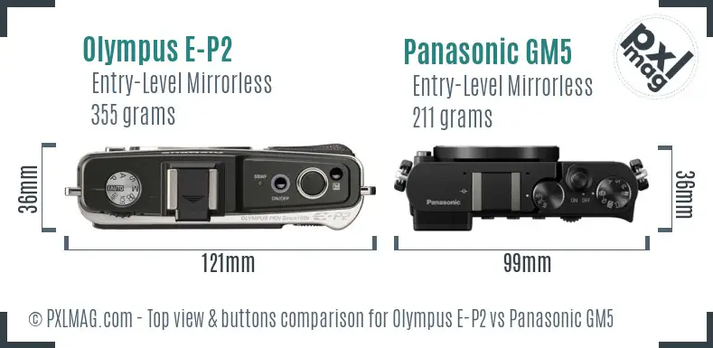Olympus E-P2 vs Panasonic GM5 top view buttons comparison