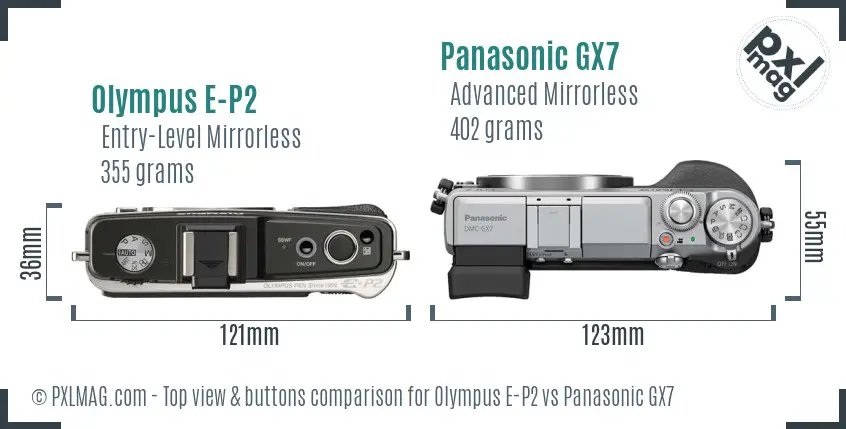 Olympus E-P2 vs Panasonic GX7 top view buttons comparison