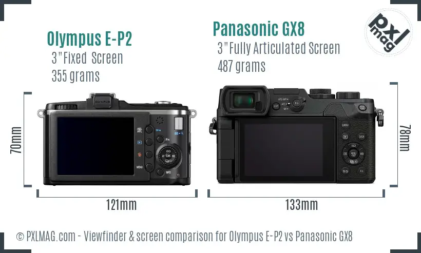 Olympus E-P2 vs Panasonic GX8 Screen and Viewfinder comparison