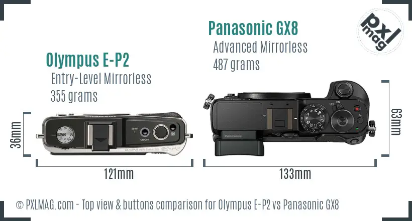 Olympus E-P2 vs Panasonic GX8 top view buttons comparison