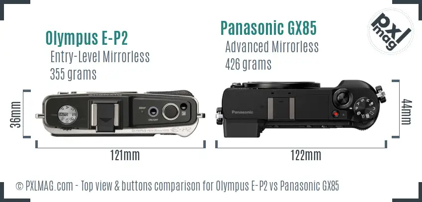Olympus E-P2 vs Panasonic GX85 top view buttons comparison