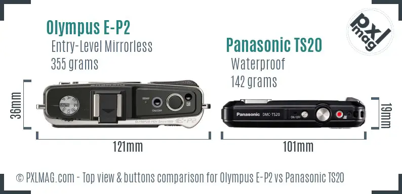 Olympus E-P2 vs Panasonic TS20 top view buttons comparison