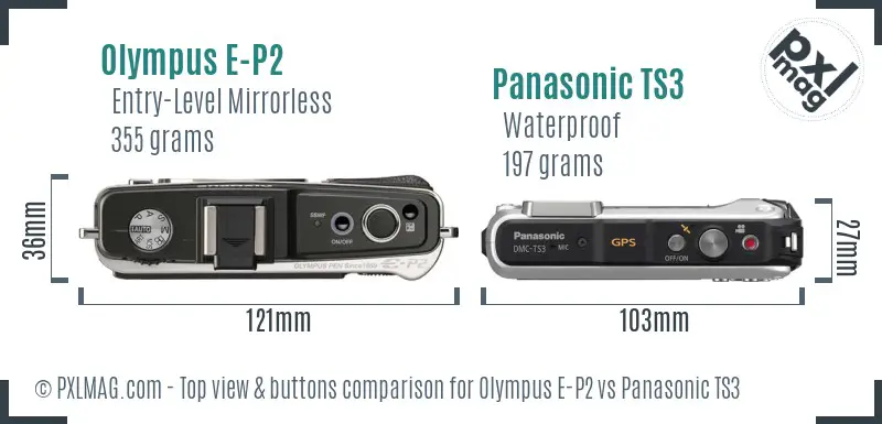 Olympus E-P2 vs Panasonic TS3 top view buttons comparison