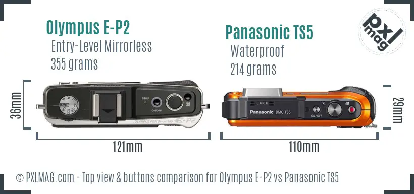 Olympus E-P2 vs Panasonic TS5 top view buttons comparison