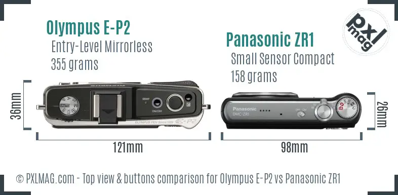 Olympus E-P2 vs Panasonic ZR1 top view buttons comparison
