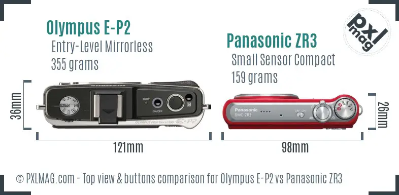 Olympus E-P2 vs Panasonic ZR3 top view buttons comparison