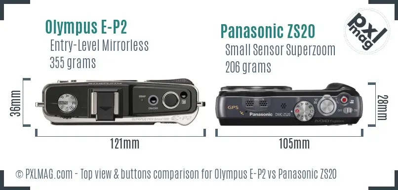 Olympus E-P2 vs Panasonic ZS20 top view buttons comparison