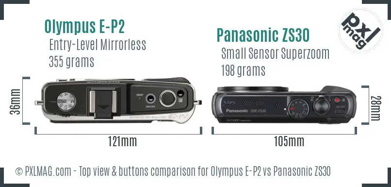 Olympus E-P2 vs Panasonic ZS30 top view buttons comparison