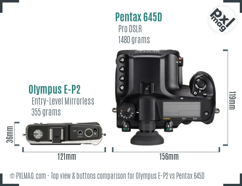 Olympus E-P2 vs Pentax 645D top view buttons comparison