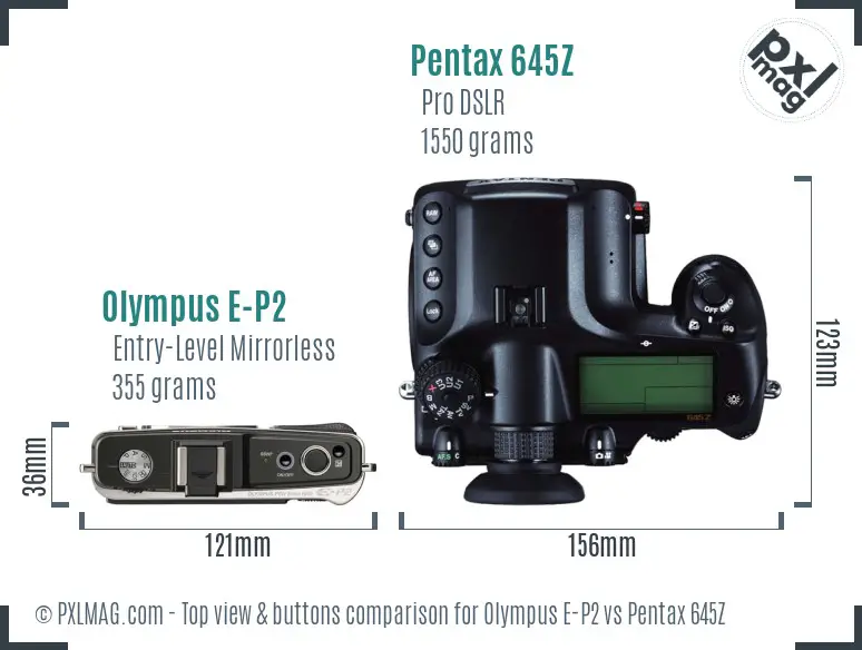 Olympus E-P2 vs Pentax 645Z top view buttons comparison