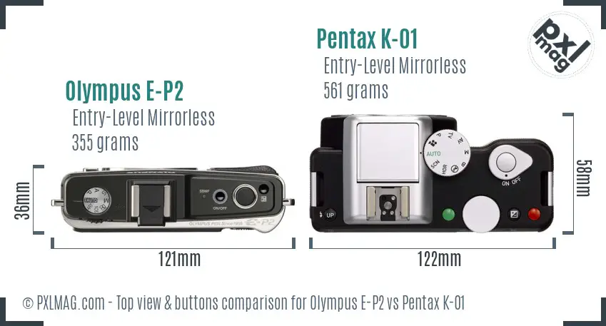 Olympus E-P2 vs Pentax K-01 top view buttons comparison