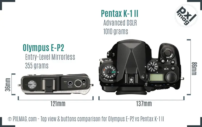 Olympus E-P2 vs Pentax K-1 II top view buttons comparison