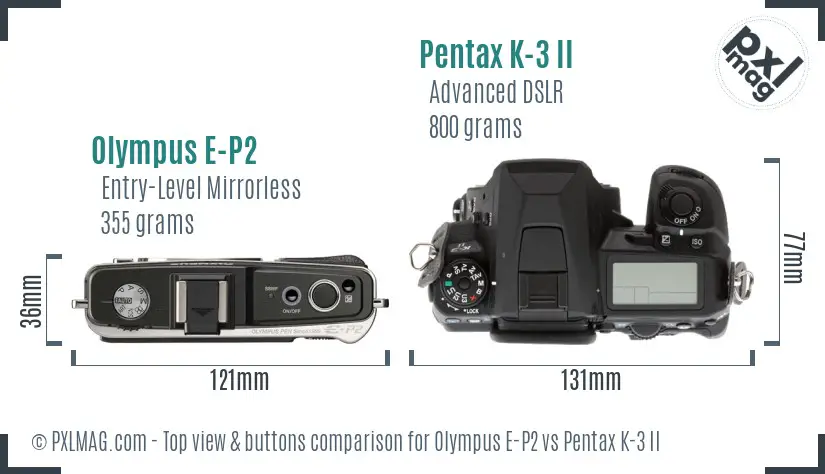 Olympus E-P2 vs Pentax K-3 II top view buttons comparison