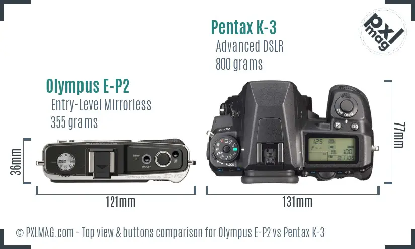 Olympus E-P2 vs Pentax K-3 top view buttons comparison
