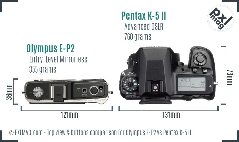 Olympus E-P2 vs Pentax K-5 II top view buttons comparison