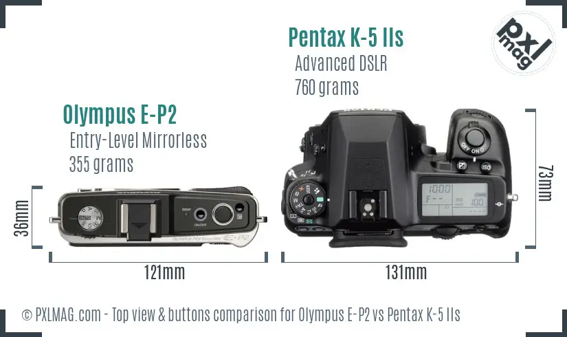Olympus E-P2 vs Pentax K-5 IIs top view buttons comparison