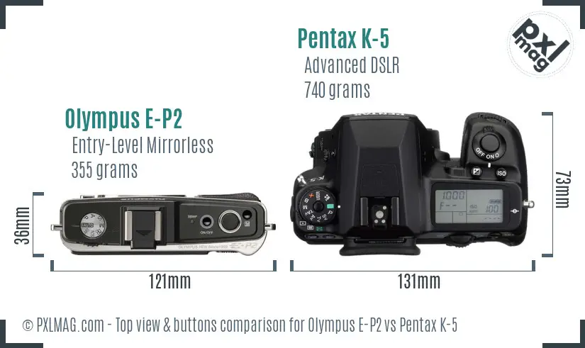 Olympus E-P2 vs Pentax K-5 top view buttons comparison