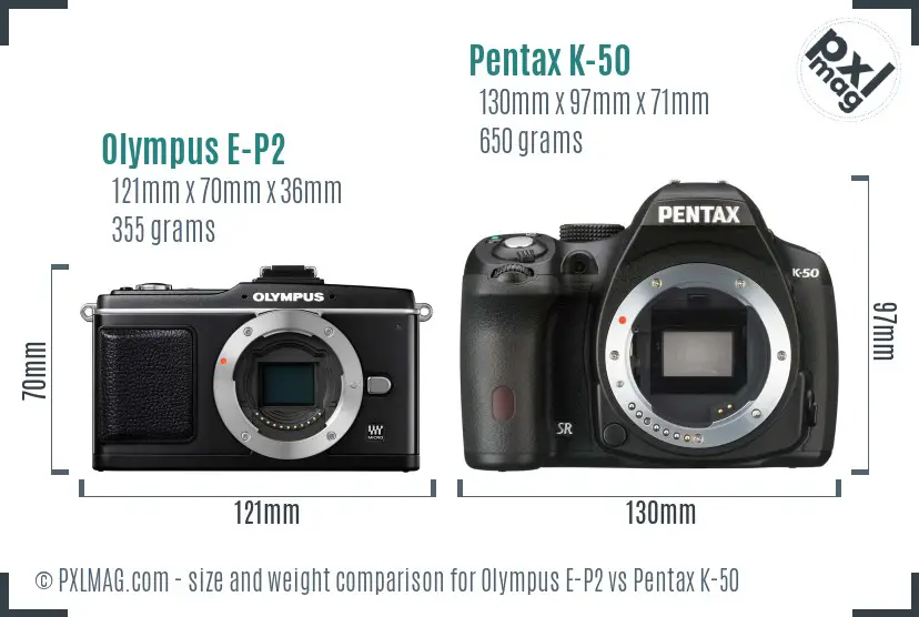 Olympus E-P2 vs Pentax K-50 size comparison