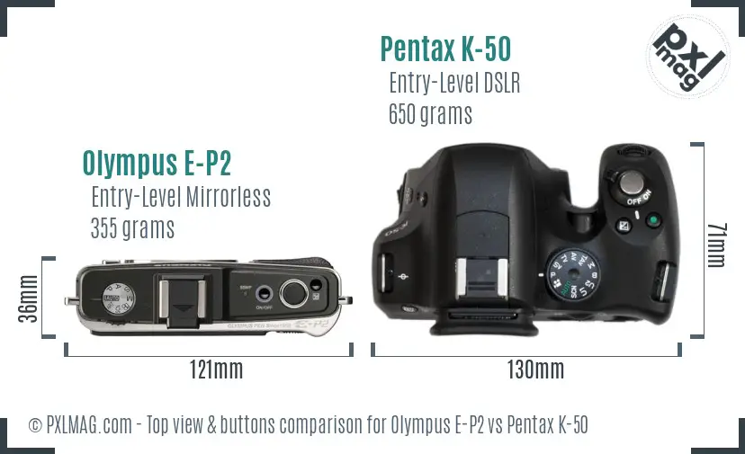 Olympus E-P2 vs Pentax K-50 top view buttons comparison