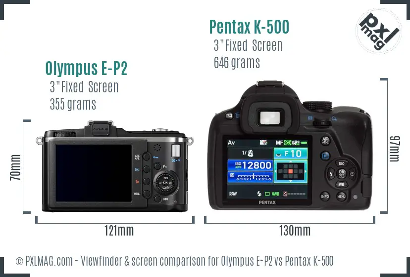 Olympus E-P2 vs Pentax K-500 Screen and Viewfinder comparison