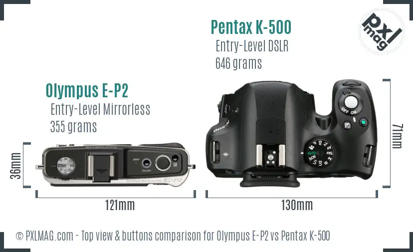 Olympus E-P2 vs Pentax K-500 top view buttons comparison