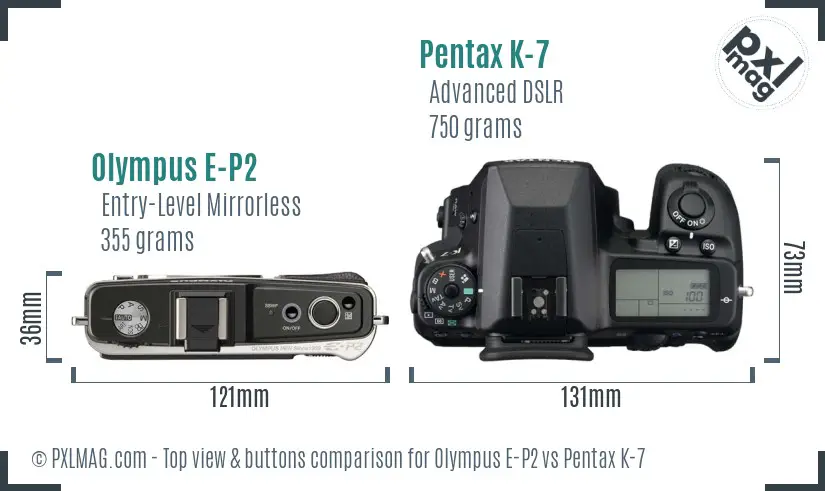 Olympus E-P2 vs Pentax K-7 top view buttons comparison