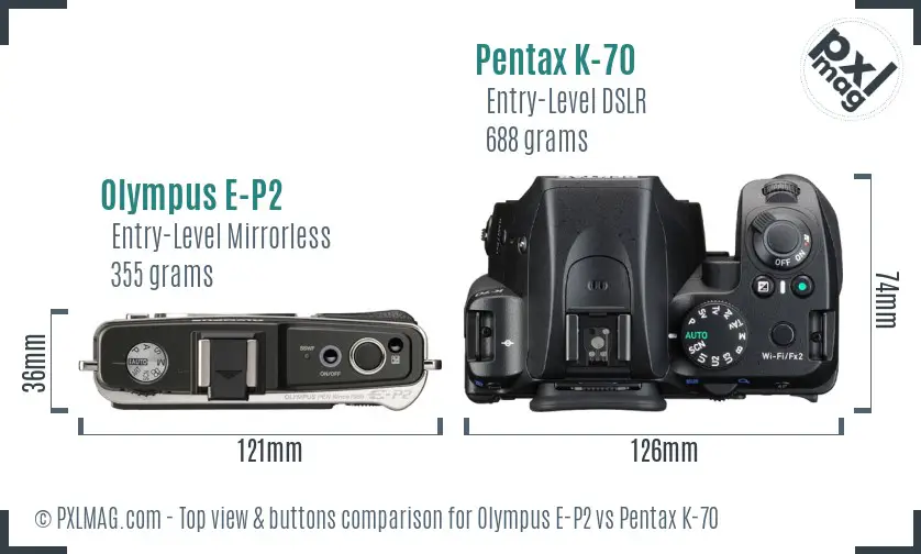 Olympus E-P2 vs Pentax K-70 top view buttons comparison