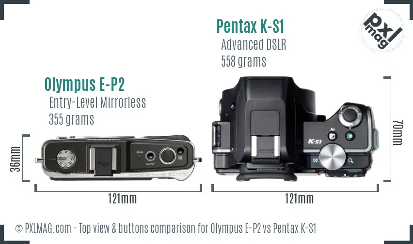 Olympus E-P2 vs Pentax K-S1 top view buttons comparison