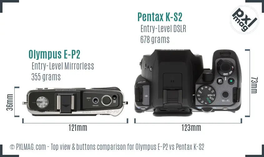 Olympus E-P2 vs Pentax K-S2 top view buttons comparison