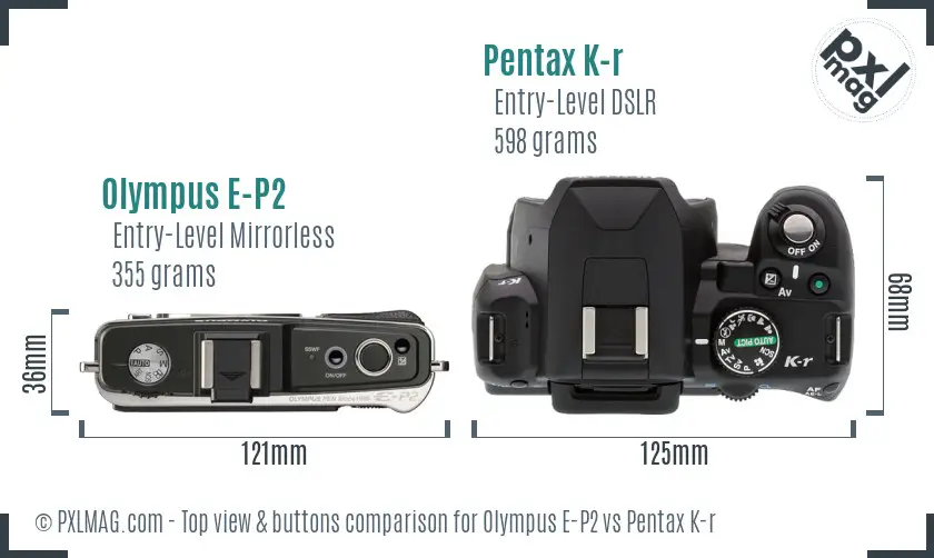 Olympus E-P2 vs Pentax K-r top view buttons comparison