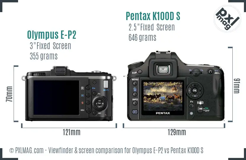 Olympus E-P2 vs Pentax K100D S Screen and Viewfinder comparison