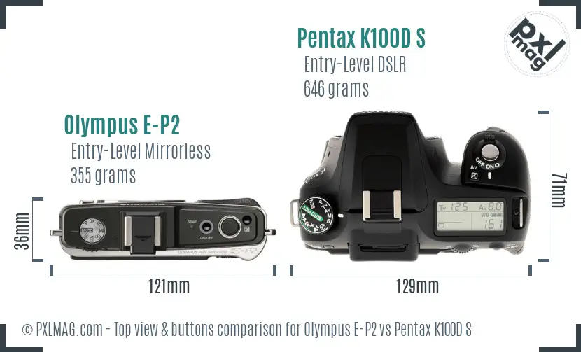 Olympus E-P2 vs Pentax K100D S top view buttons comparison