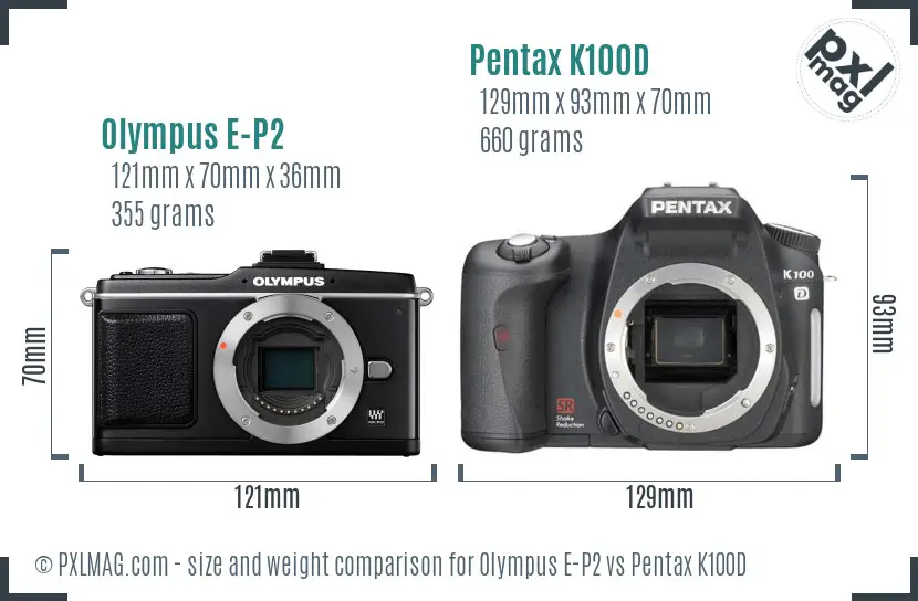 Olympus E-P2 vs Pentax K100D size comparison