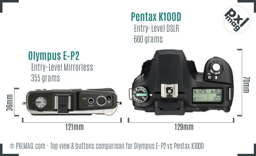 Olympus E-P2 vs Pentax K100D top view buttons comparison