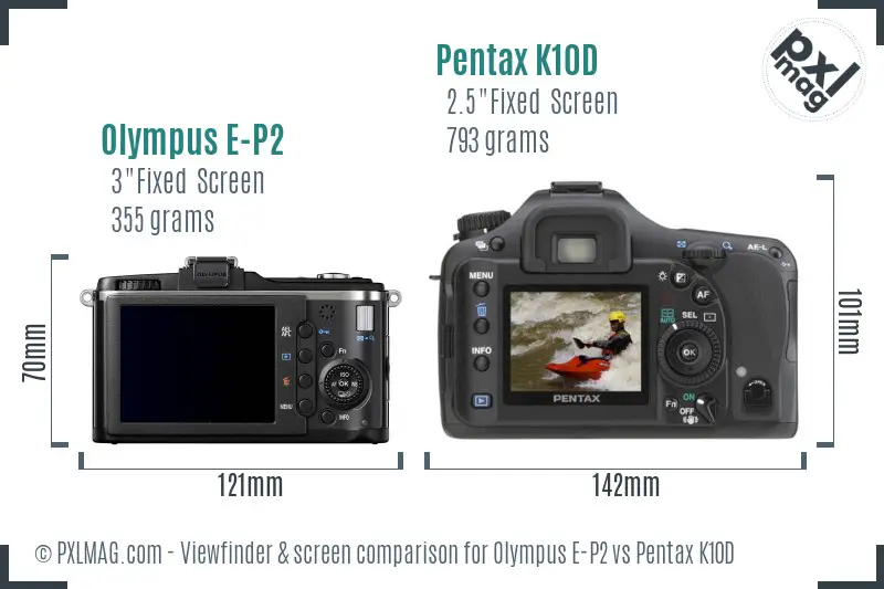 Olympus E-P2 vs Pentax K10D Screen and Viewfinder comparison