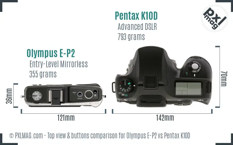 Olympus E-P2 vs Pentax K10D top view buttons comparison