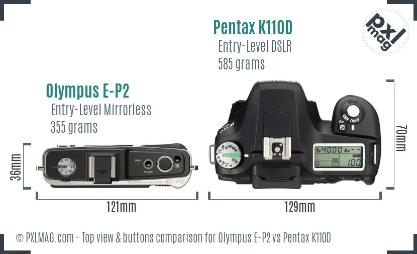 Olympus E-P2 vs Pentax K110D top view buttons comparison