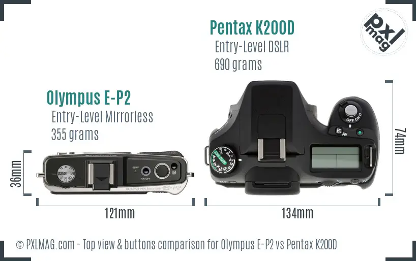 Olympus E-P2 vs Pentax K200D top view buttons comparison
