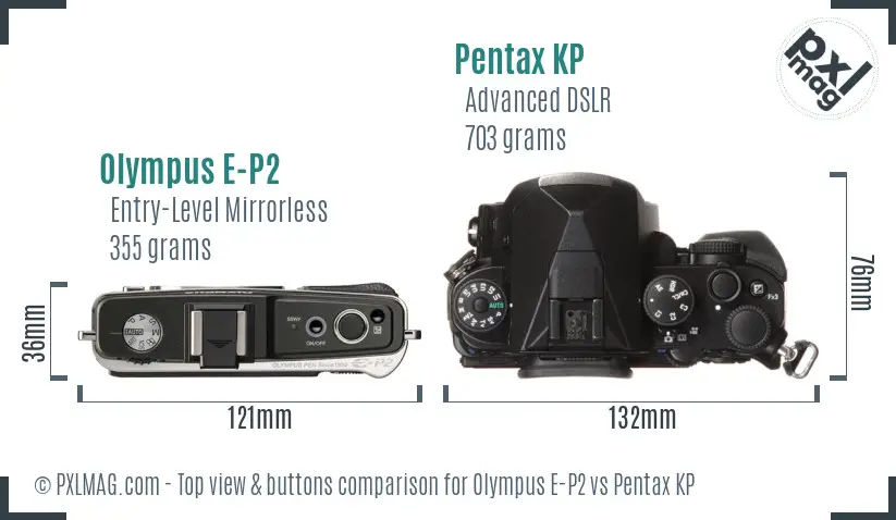 Olympus E-P2 vs Pentax KP top view buttons comparison