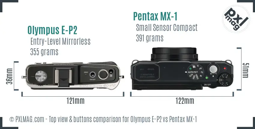 Olympus E-P2 vs Pentax MX-1 top view buttons comparison