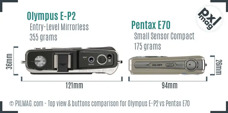 Olympus E-P2 vs Pentax E70 top view buttons comparison