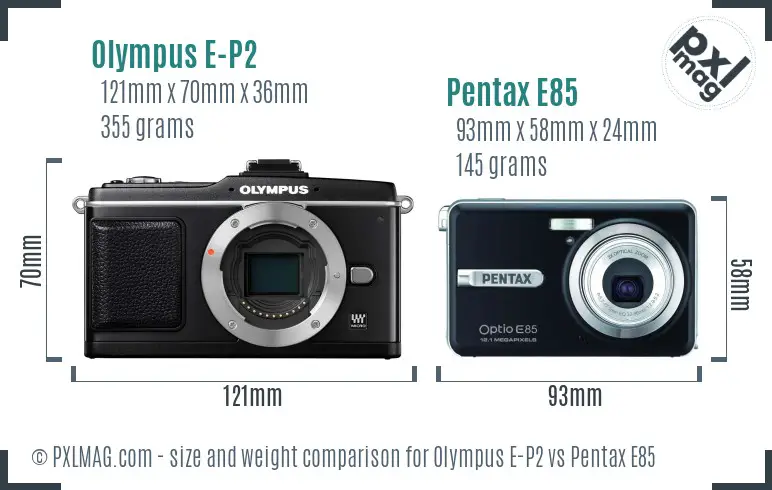 Olympus E-P2 vs Pentax E85 size comparison