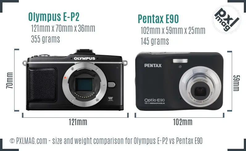 Olympus E-P2 vs Pentax E90 size comparison