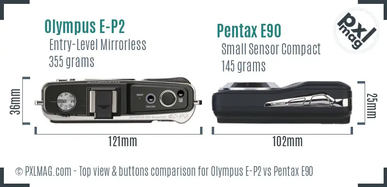 Olympus E-P2 vs Pentax E90 top view buttons comparison