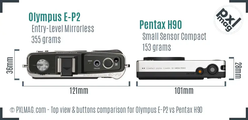 Olympus E-P2 vs Pentax H90 top view buttons comparison