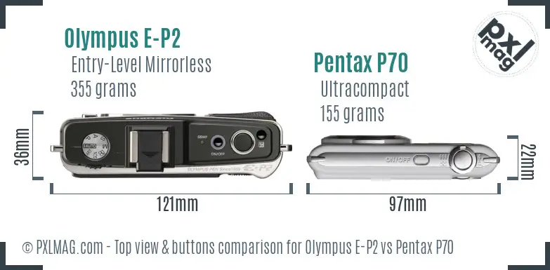 Olympus E-P2 vs Pentax P70 top view buttons comparison