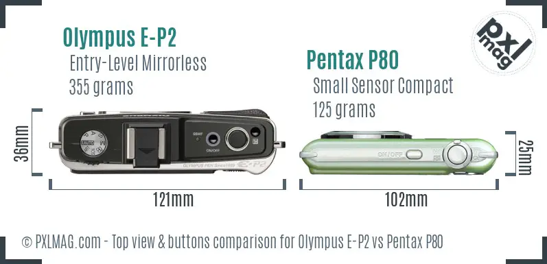 Olympus E-P2 vs Pentax P80 top view buttons comparison